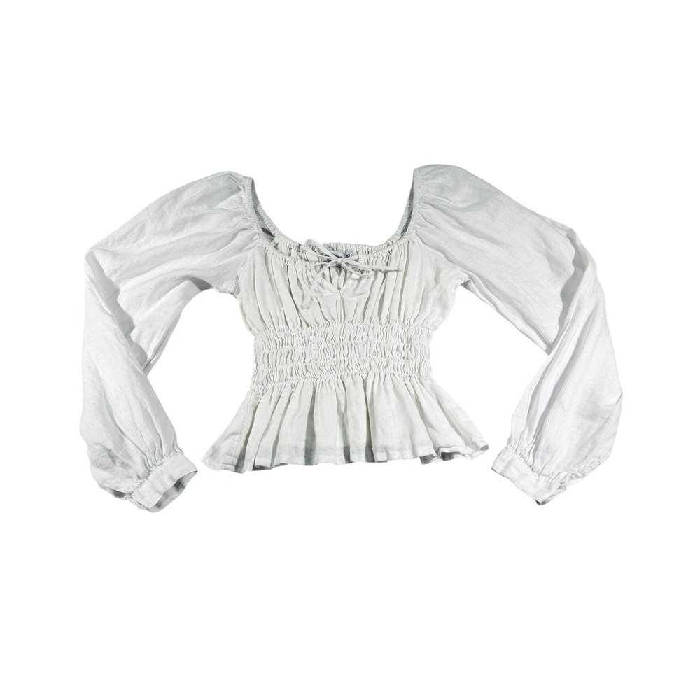 Faithfull the Brand Bel Rose White Linen Crop Top 4 Off Shoulder Puff Sleeve